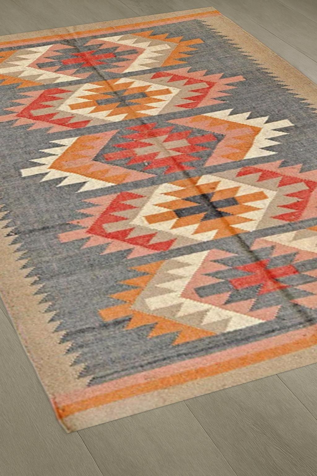 Vintage Kilim Rug – Handwoven Wool Tribal Carpet | Blue Gray Base with Red, Orange Geometric Motifs | Boho Area Rug for Living Room Decor