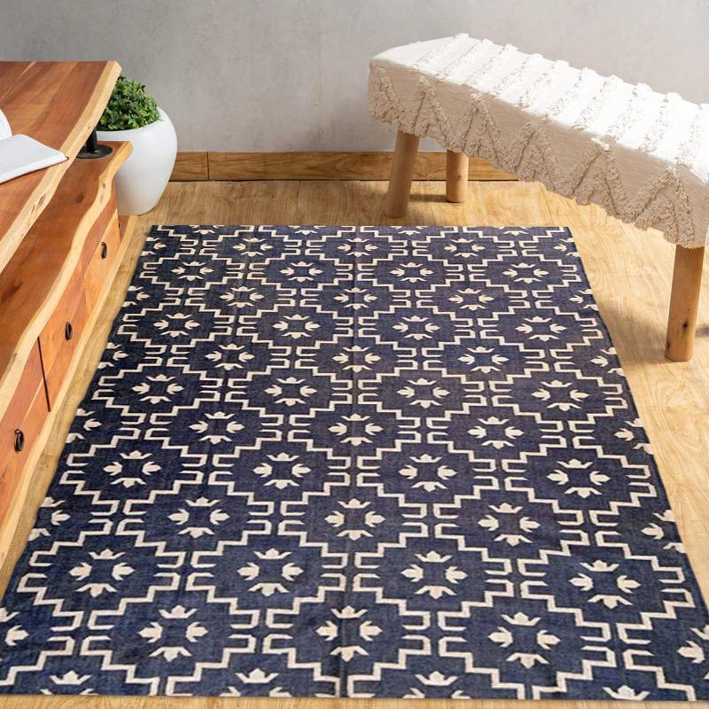 Blue & White Kilim Rug, Handloom Cotton Flatweave Area Rug, Geometric Pattern Dhurrie, Modern Farmhouse Decor, Bedroom Living Room Accent