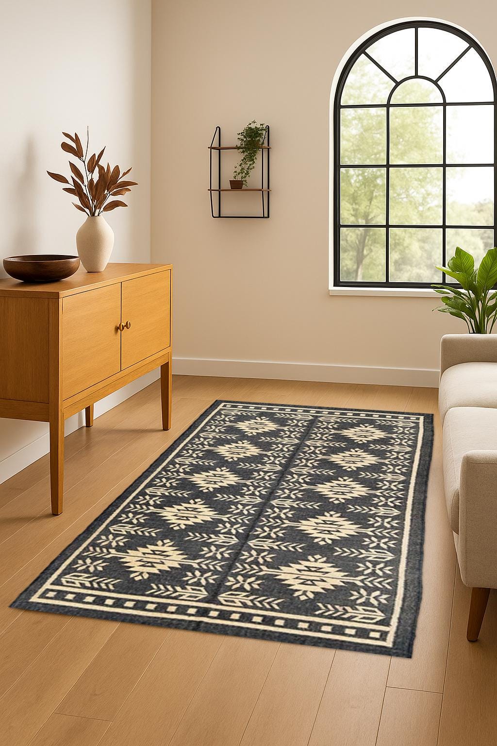 Trending Black White Kilim Rug, Handwoven Wool Jute Area Rug, Bohemian Southwestern Home Decor, Modern Geometric Floor Carpet, pet friendly