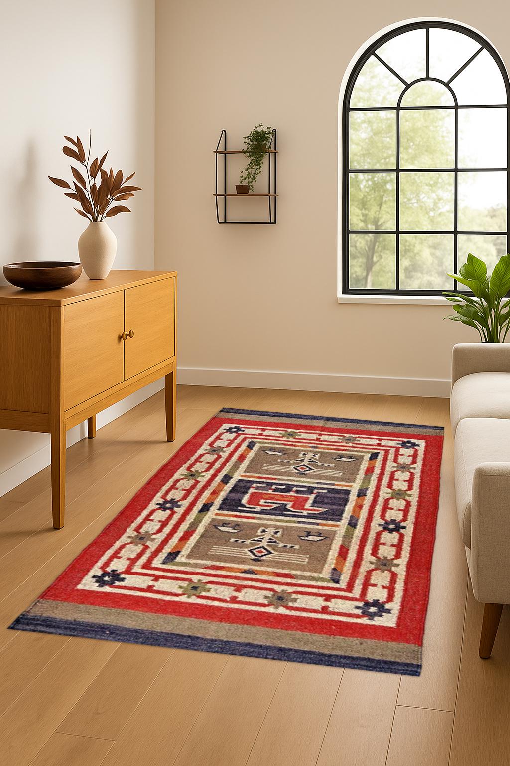 Vintage Tribal Rug – Handwoven Wool Ethnic Carpet | Red & Blue Geometric Symbols | Boho Kilim Area Rug for Living Room or Wall Hanging