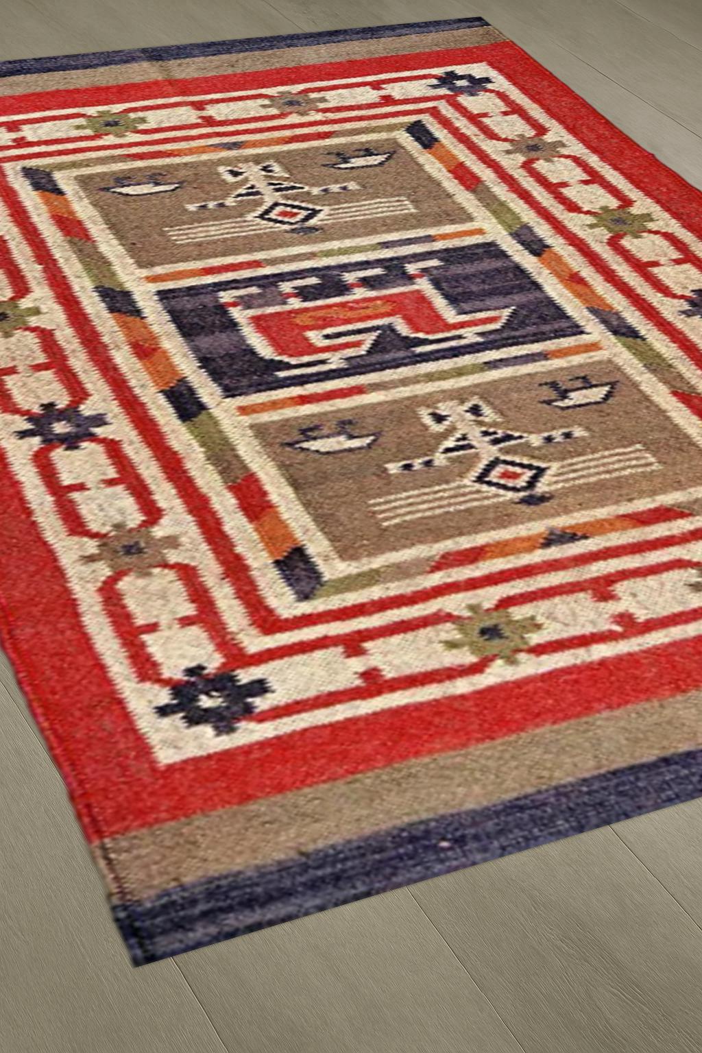 Vintage Tribal Rug – Handwoven Wool Ethnic Carpet | Red & Blue Geometric Symbols | Boho Kilim Area Rug for Living Room or Wall Hanging