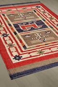 Vintage Tribal Rug – Handwoven Wool Ethnic Carpet | Red & Blue Geometric Symbols | Boho Kilim Area Rug for Living Room or Wall Hanging