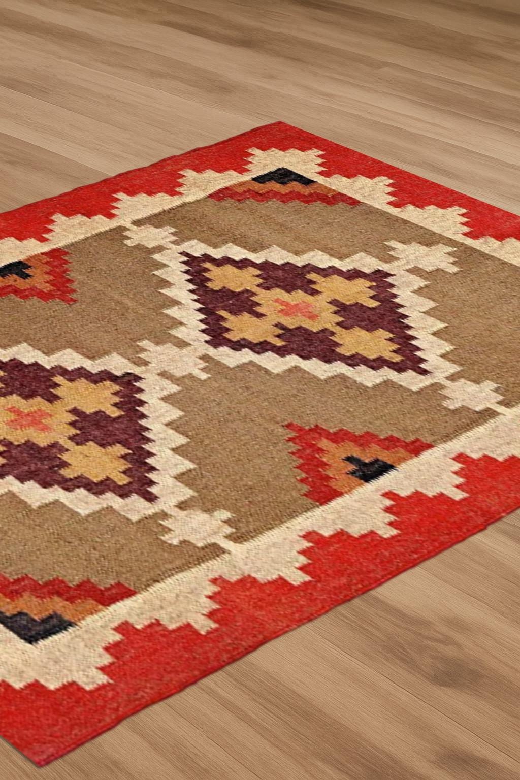 Wool and Jute Rug Handmade, Kilim Dhurrie Prayer Mat | Vintage Rug | Turkish Handwoven Kilim Rug | Traditional Artistic Decor Rugs For Home