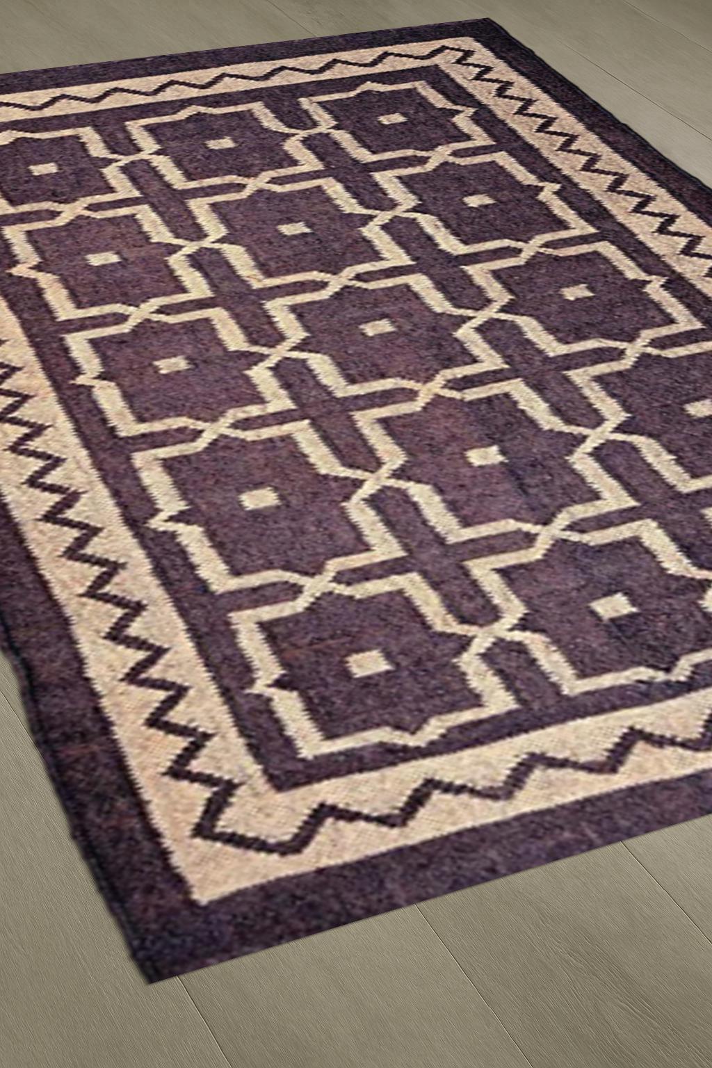 Purple Geometric Wool Rug – Handwoven Flatweave Area Carpet | Boho Tribal Style Decor | Modern Handmade Rug for Living Room & Bedroom
