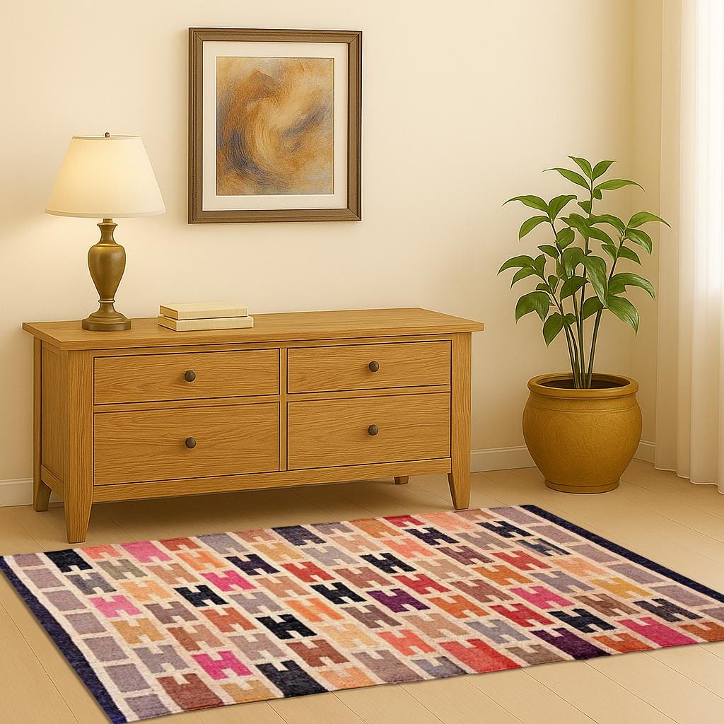 Multicolor Geometric Kilim Wool Rug – Handmade Boho Flatweave Carpet | Vibrant Area Rug for Living Room, Kids Room & Home Decor
