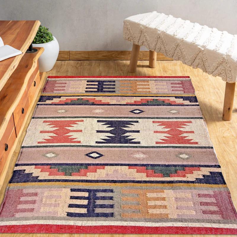 Tribal Geometric Kilim Rug – Handwoven Wool Flatweave Carpet | Boho Ethnic Area Rug for Living Room, Entryway or Bedroom Decor