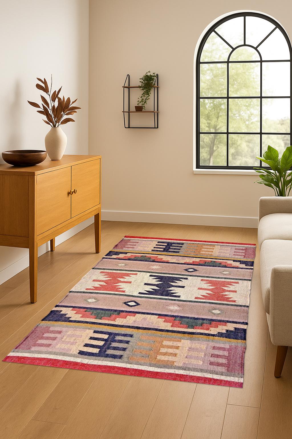 Tribal Geometric Kilim Rug – Handwoven Wool Flatweave Carpet | Boho Ethnic Area Rug for Living Room, Entryway or Bedroom Decor