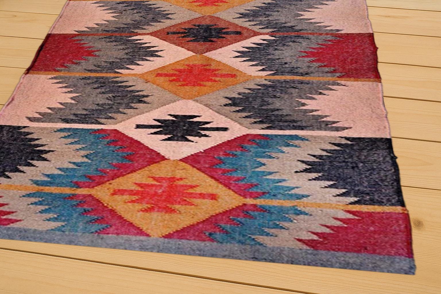 Colorful Boho Kilim Rug – Tribal Diamond Pattern | Handwoven Wool Area Carpet | Geometric Bohemian Decor for Living Room, Hallway & Entryway