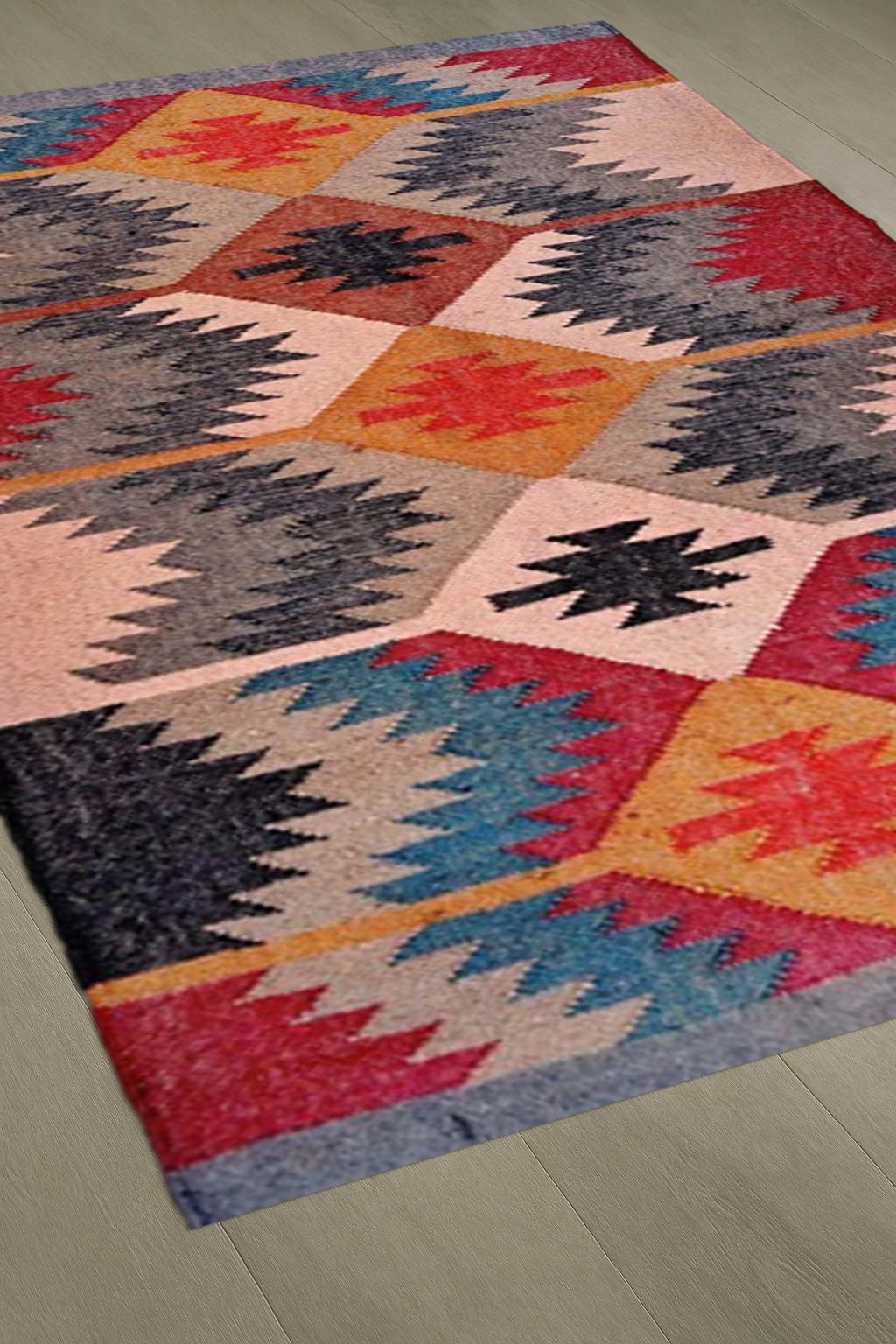 Colorful Boho Kilim Rug – Tribal Diamond Pattern | Handwoven Wool Area Carpet | Geometric Bohemian Decor for Living Room, Hallway & Entryway