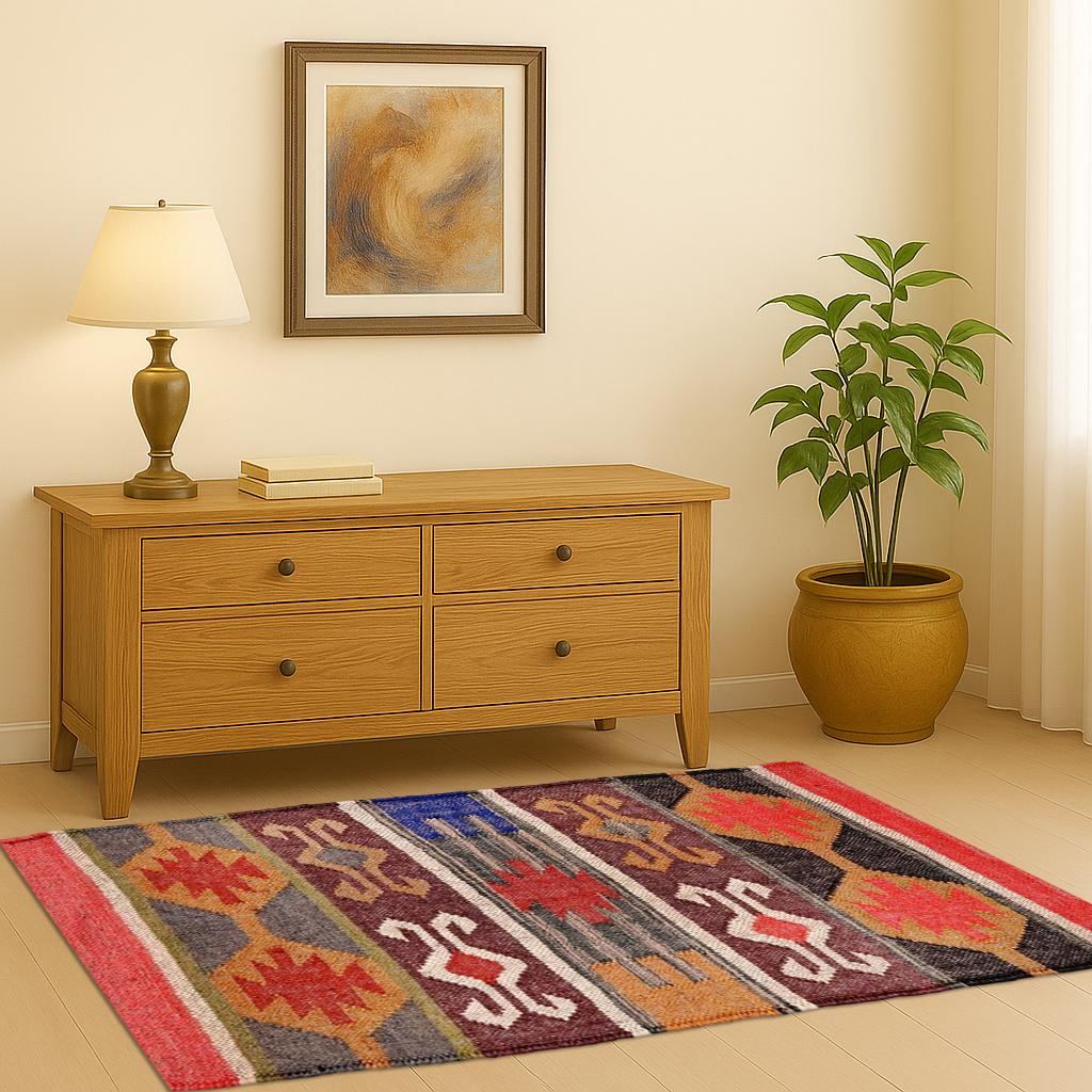 Handwoven Tribal Kilim Rug | Boho Wool Area Carpet | Vintage Geometric Floor Mat for Living Room, Bedroom & Entryway