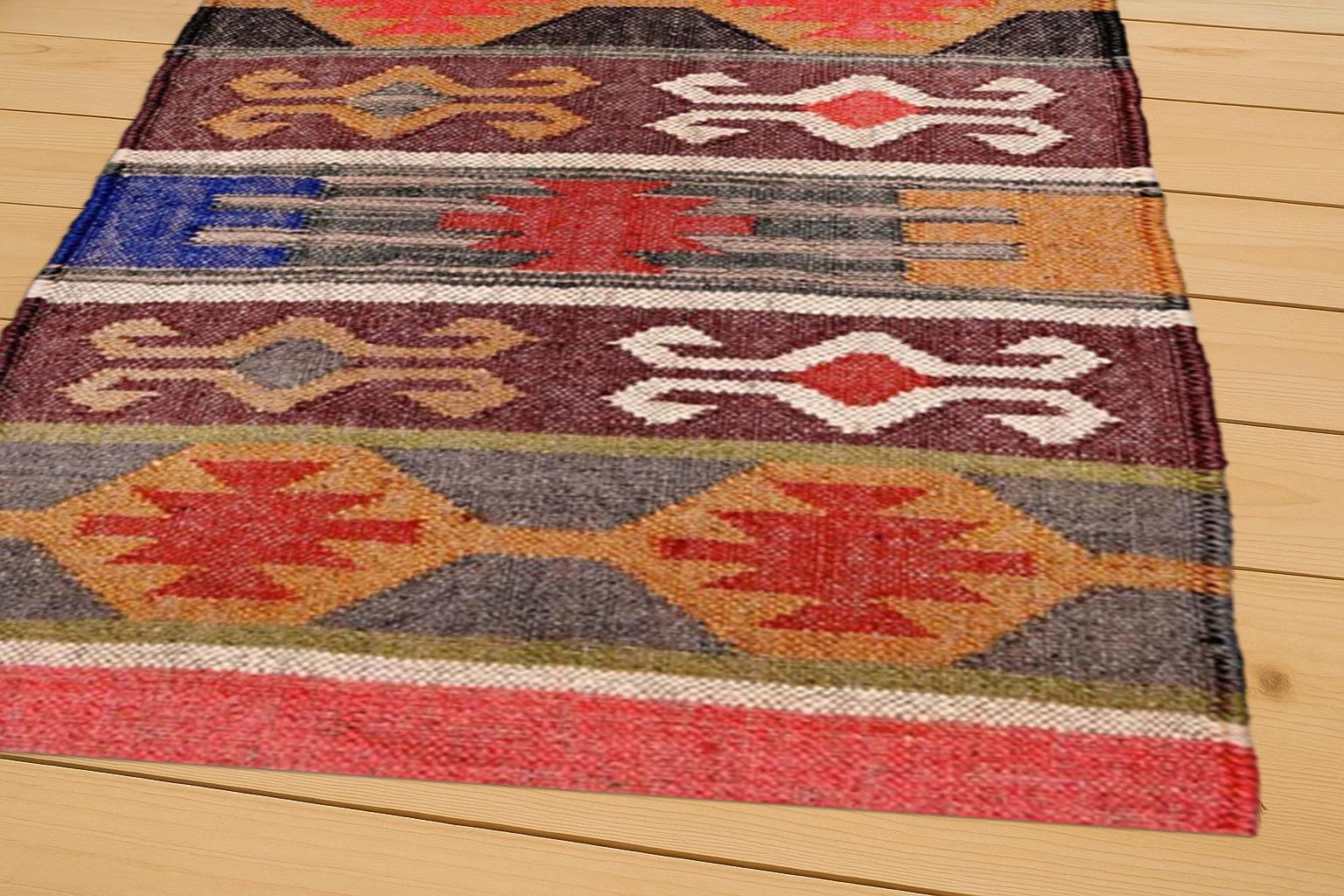 Handwoven Tribal Kilim Rug | Boho Wool Area Carpet | Vintage Geometric Floor Mat for Living Room, Bedroom & Entryway