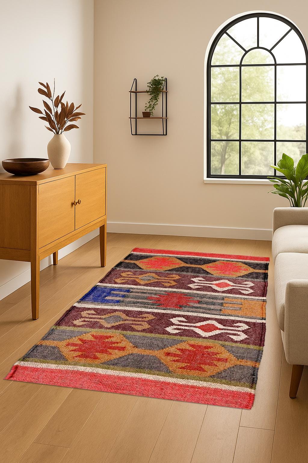 Handwoven Tribal Kilim Rug | Boho Wool Area Carpet | Vintage Geometric Floor Mat for Living Room, Bedroom & Entryway