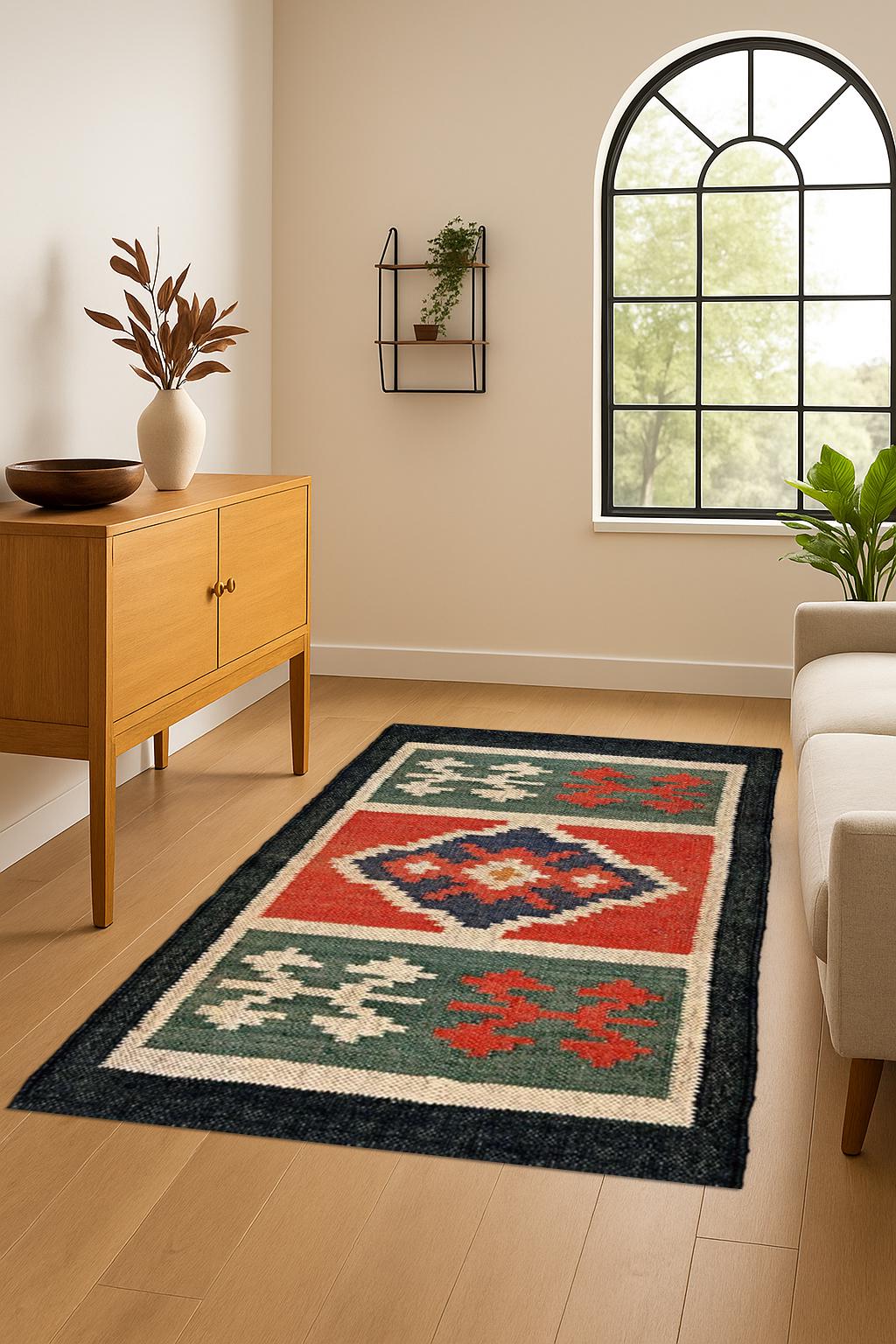 Bohemian Jute Kilim Rug – Handmade Tribal Flatweave Carpet for Rustic, Boho & Modern Decor