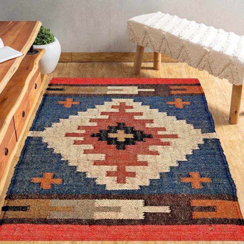 5x8 Wool Jute Kilim Rug, Home Decor Rugs, Custom Size Wool Rug, Vintage Area Rug, Handmade, Wool and Jute Rug Handwoven, Kilim Dhurrie Rug