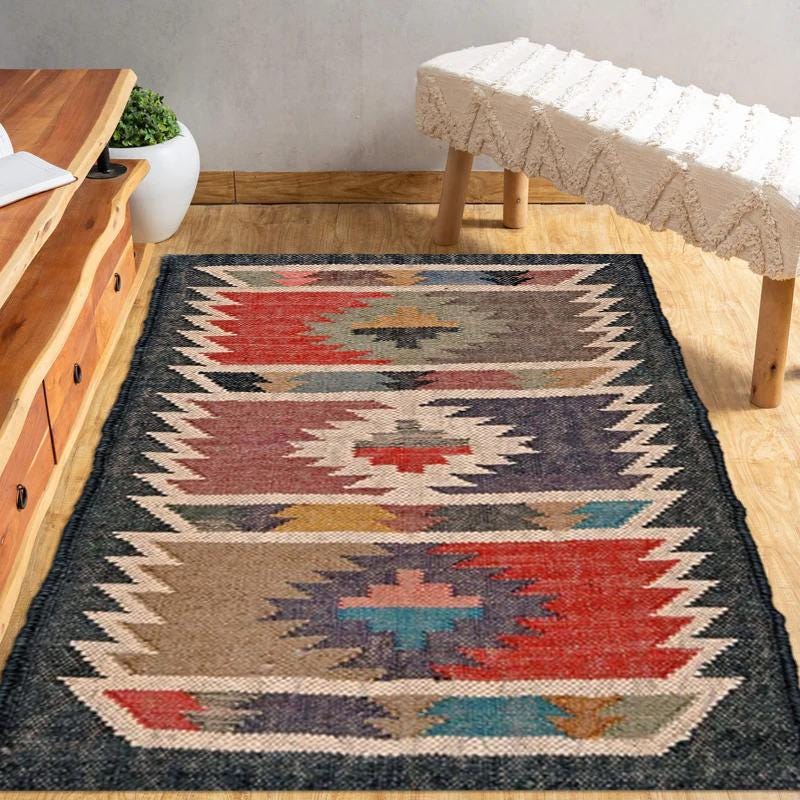 Wool Jute Kilim Premium Flatweave Scandivian Rug, Hand Woven Decor Inspired, Hallway Rug, Rugs For Bedroom, Multicolor Wool Jute Rug