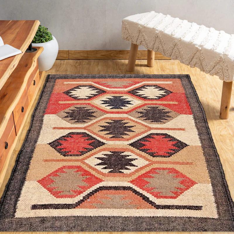 Geometric Wool Jute Rug, Tribal Boho Area Rug, Handwoven Natural Carpet, Rustic Farmhouse Decor, Ethnic Kilim Rug, Neutral Earth Tone Rug