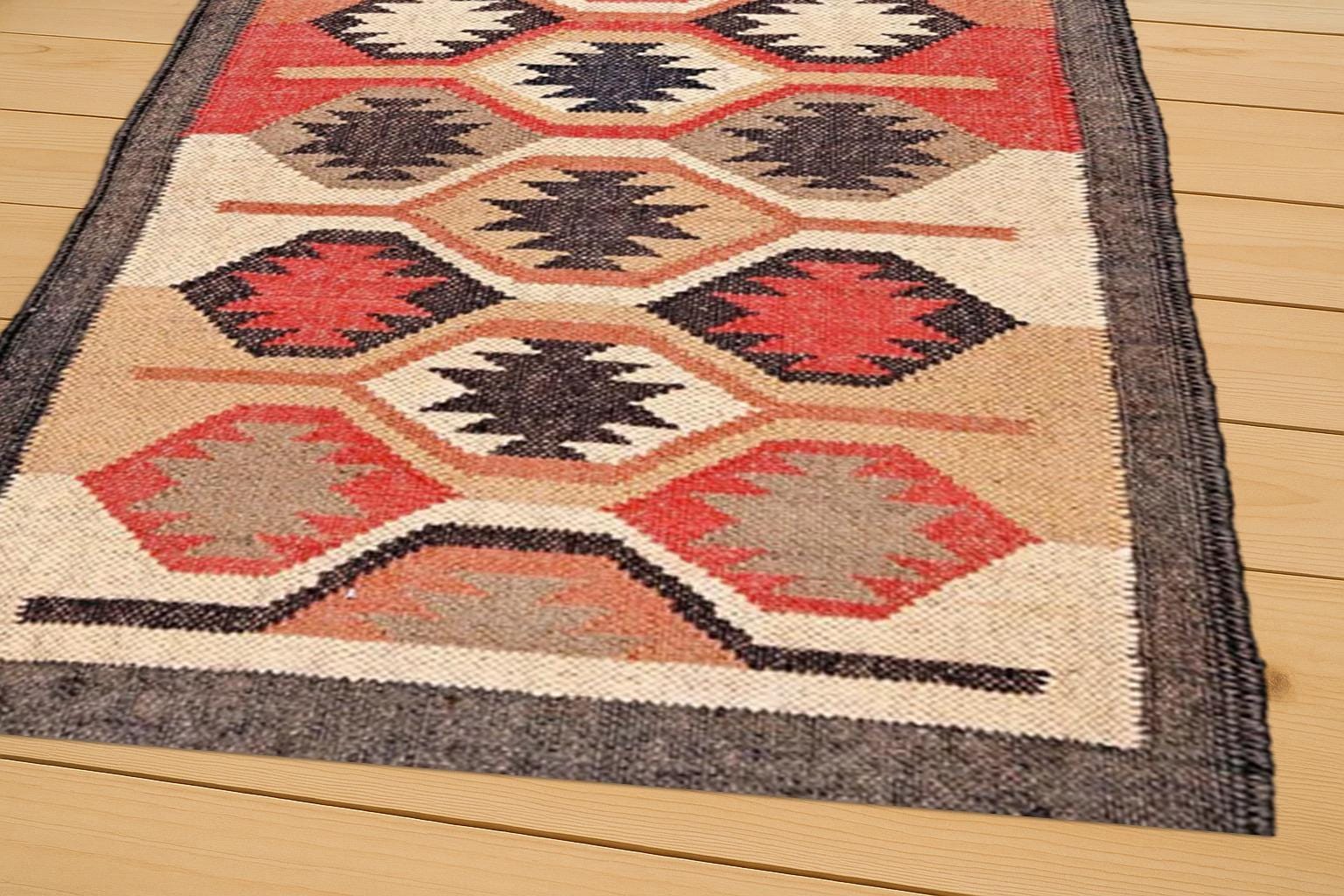 Geometric Wool Jute Rug, Tribal Boho Area Rug, Handwoven Natural Carpet, Rustic Farmhouse Decor, Ethnic Kilim Rug, Neutral Earth Tone Rug