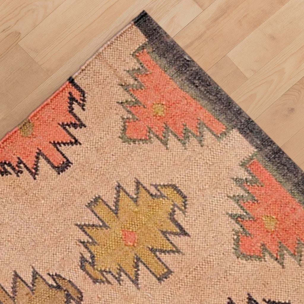 Boho Wool Jute Rug | Handwoven Area Rug | Farmhouse Tribal Carpet | Neutral Natural Rug | Rustic Bohemian Decor | Entryway Runner Rug