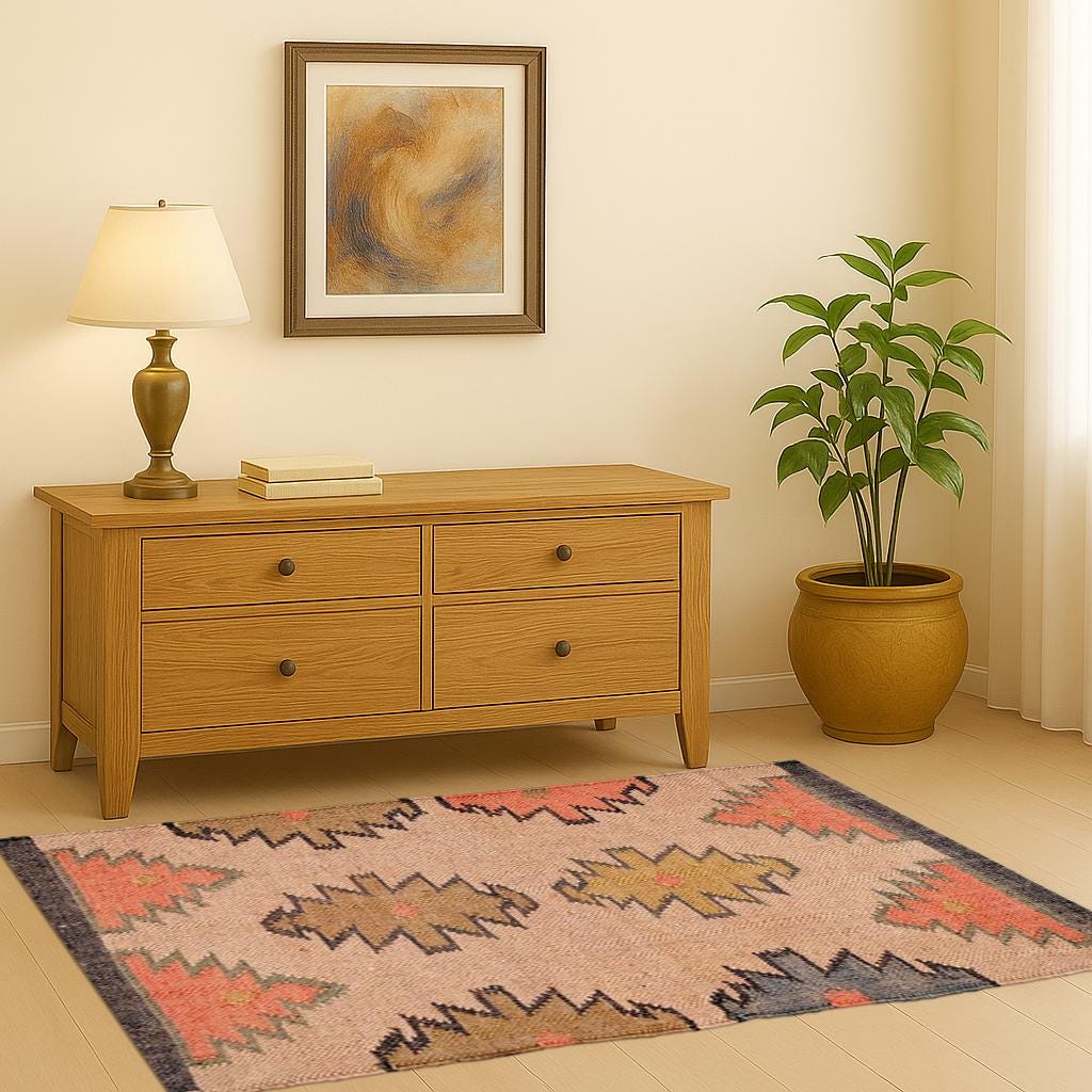 Boho Wool Jute Rug | Handwoven Area Rug | Farmhouse Tribal Carpet | Neutral Natural Rug | Rustic Bohemian Decor | Entryway Runner Rug