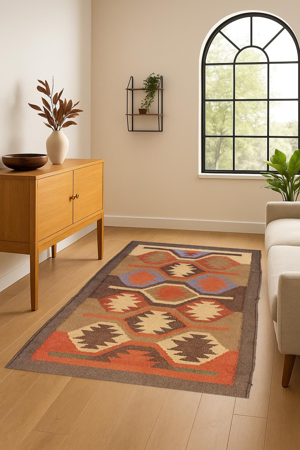 Wool and Jute Rug in Red Color, Handmade Kilim Dhurrie Rug, Bohemian Rug, Navajo Kilim Rug, Custom Size Rug, Brown Traditional Rug