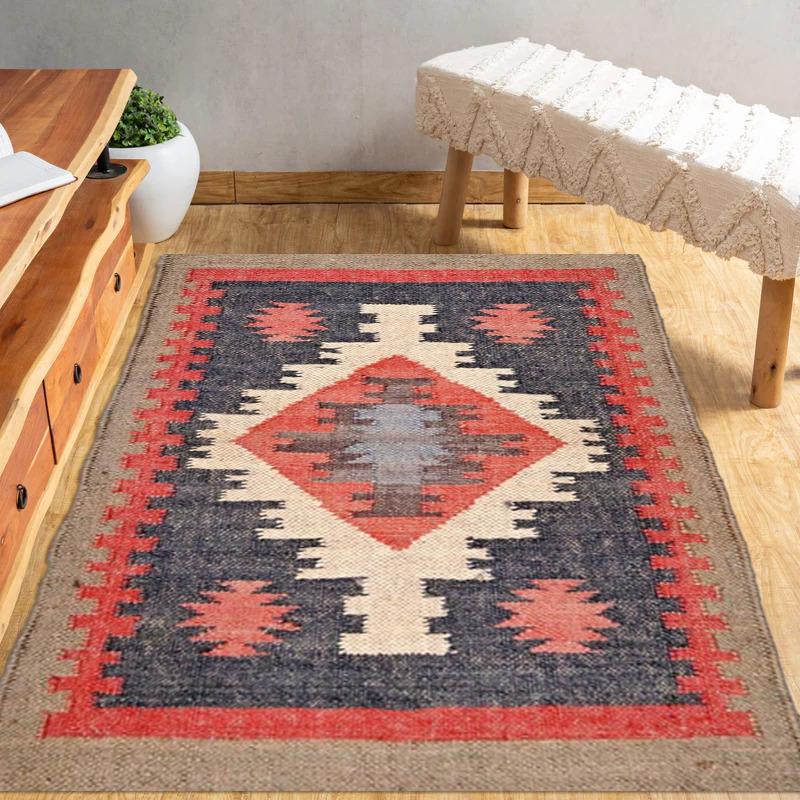 Handwoven Wool Jute Rug | Boho Kilim Area Rug for Living Room | Vintage Style Carpet | Rustic Farmhouse Decor | 3x5 Handmade Rug