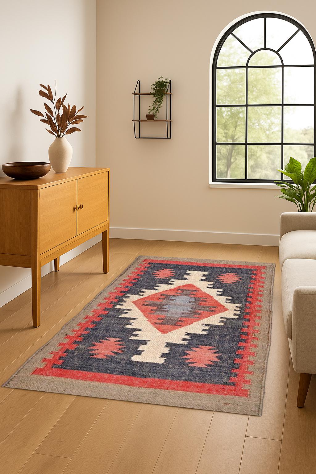 Handwoven Wool Jute Rug | Boho Kilim Area Rug for Living Room | Vintage Style Carpet | Rustic Farmhouse Decor | 3x5 Handmade Rug