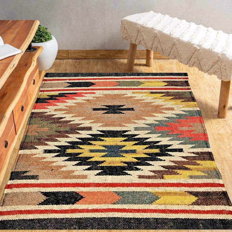 Handmade Large Kilim Rug, Handwoven, Wool and Jute Rug Handmade, Kilim Dhurrie Rug, Motifs, Traditional Indian jute Area rug Oriental