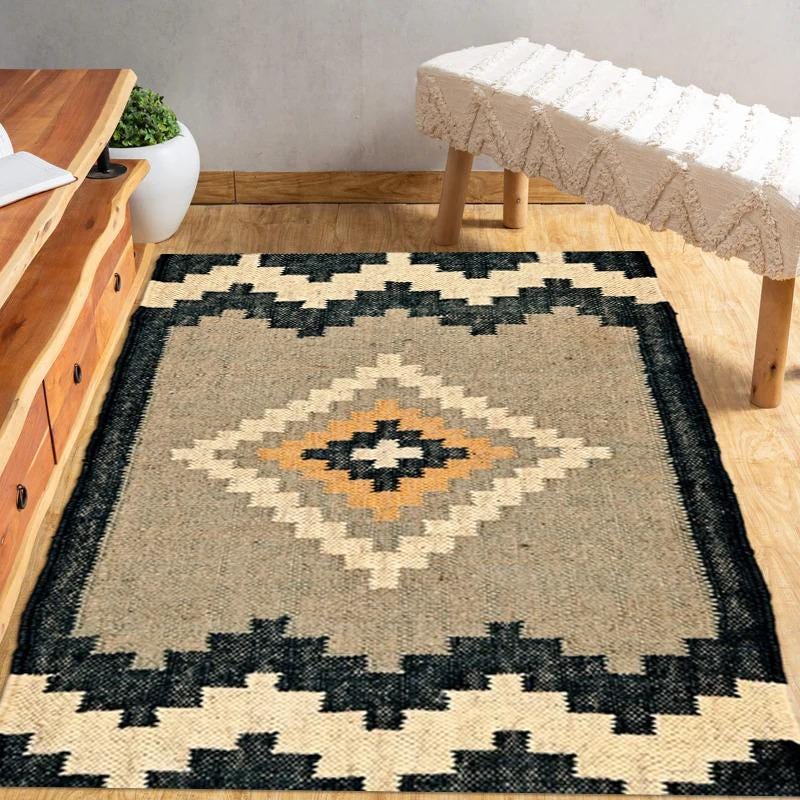 Modern Wool Jute Kilim Rug | Geometric Tribal Pattern Dhurrie | Natural Fiber Area Rug | Indian jute Area rug