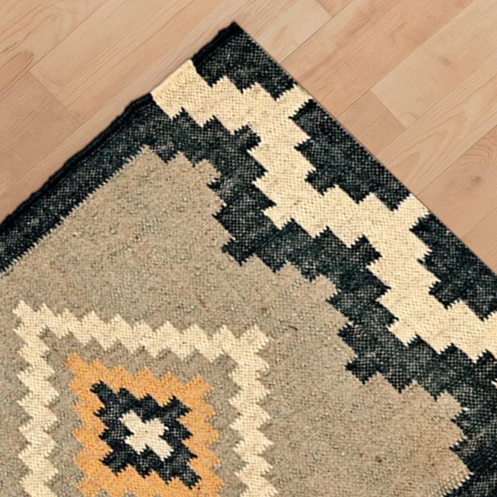 Modern Wool Jute Kilim Rug | Geometric Tribal Pattern Dhurrie | Natural Fiber Area Rug | Indian jute Area rug