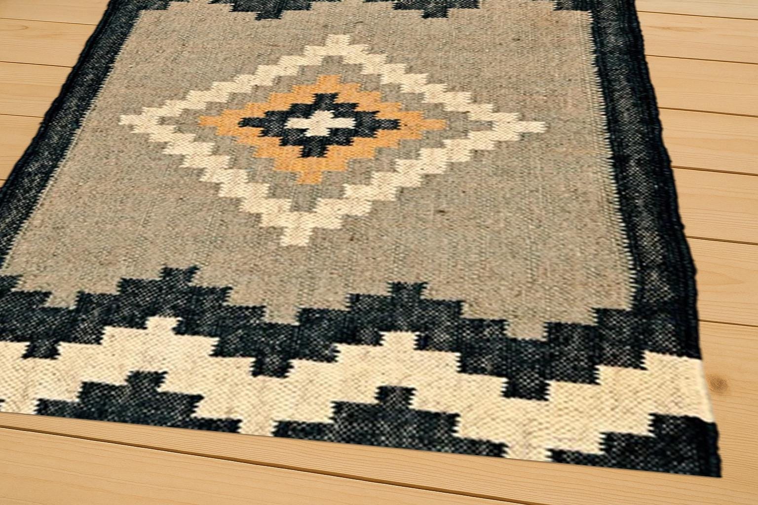 Modern Wool Jute Kilim Rug | Geometric Tribal Pattern Dhurrie | Natural Fiber Area Rug | Indian jute Area rug