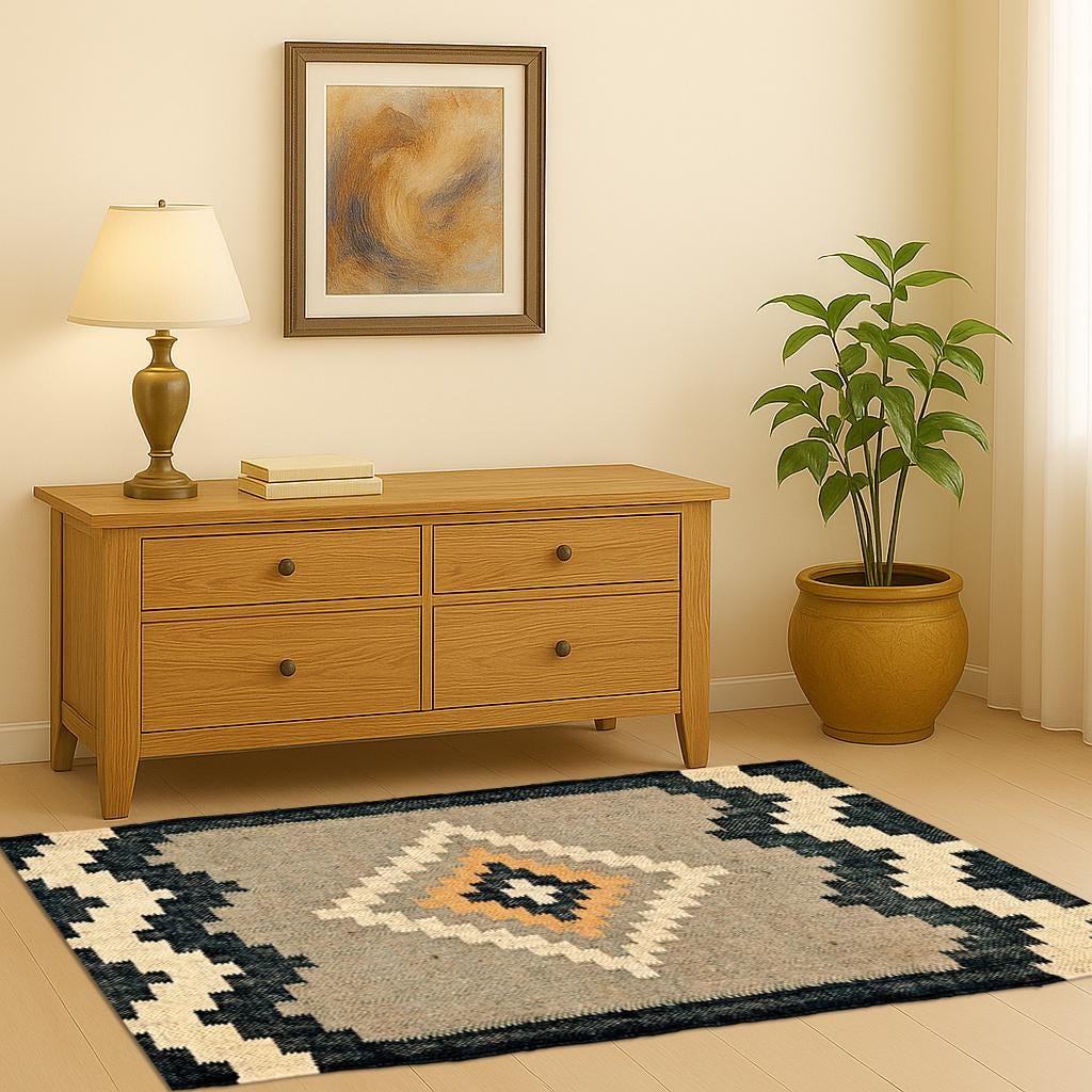 Modern Wool Jute Kilim Rug | Geometric Tribal Pattern Dhurrie | Natural Fiber Area Rug | Indian jute Area rug