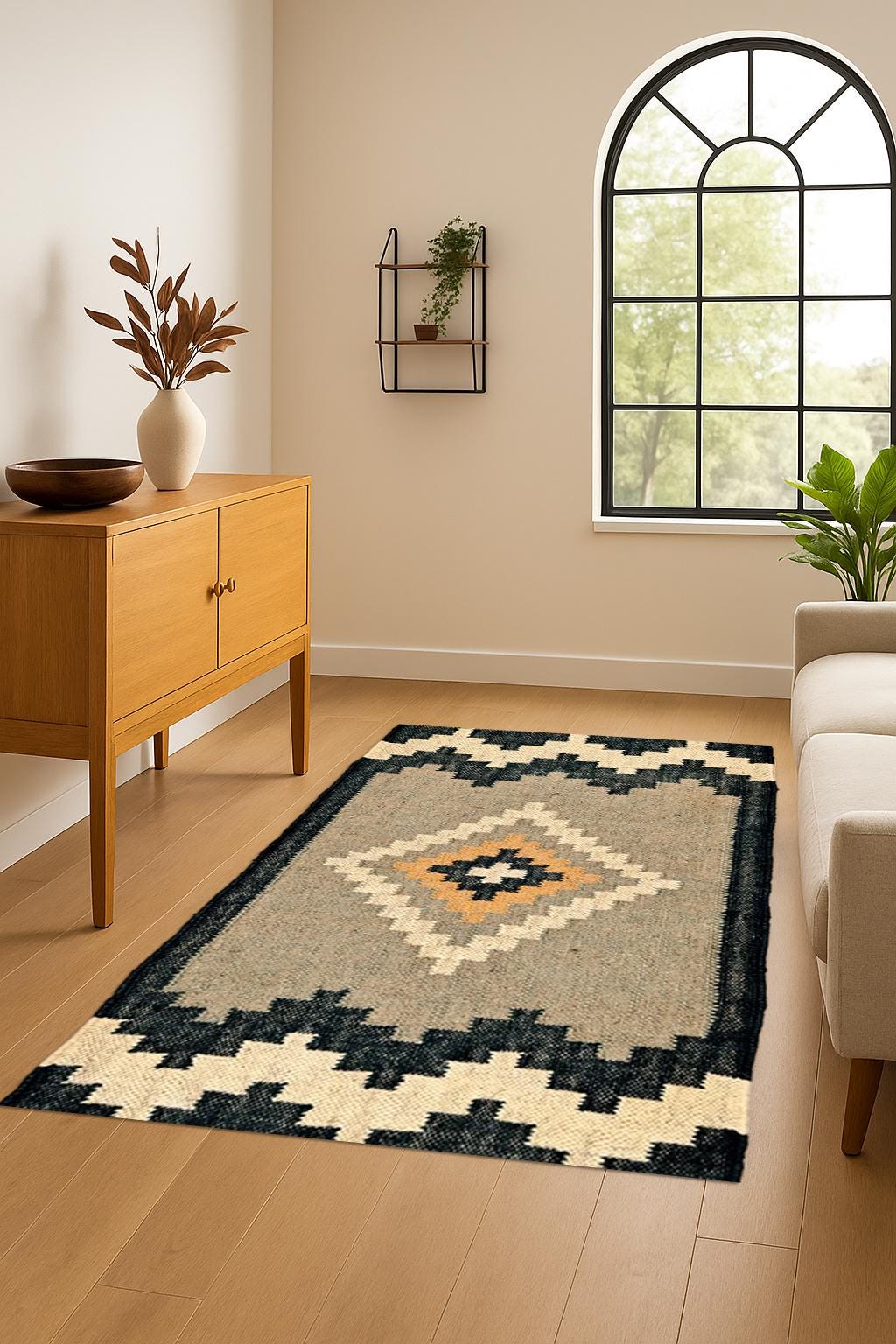 Modern Wool Jute Kilim Rug | Geometric Tribal Pattern Dhurrie | Natural Fiber Area Rug | Indian jute Area rug
