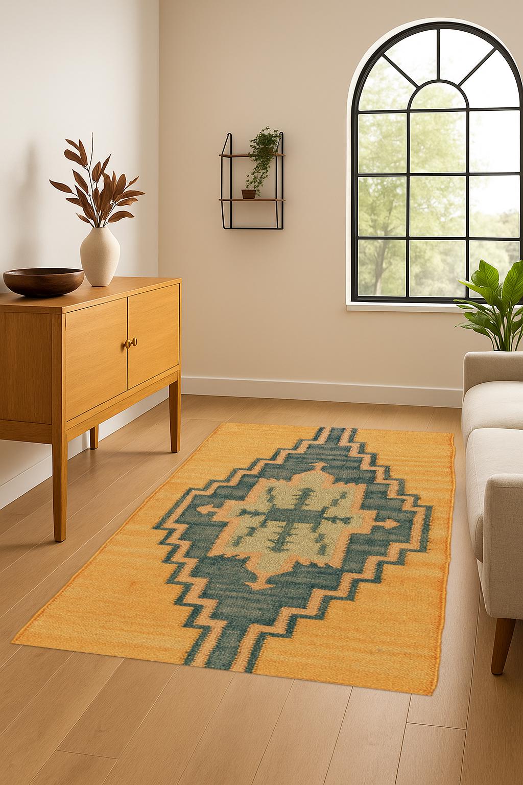 Tribal Wool Jute Kilim Runner Rug, Handwoven Southwestern Boho Rug, Rustic Hallway Rug,Geometric Flatweave Carpet, Ethnic Handmade Decor Rug
