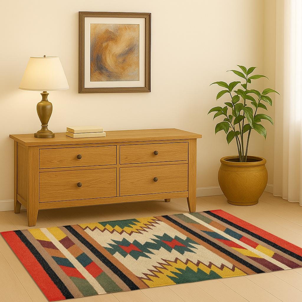 Southwestern Wool Jute Kilim Rug, Handwoven Tribal Runner Rug, Boho Flatweave Area Rug, Ethnic Geometric Decor, Living Room Handmade Rug
