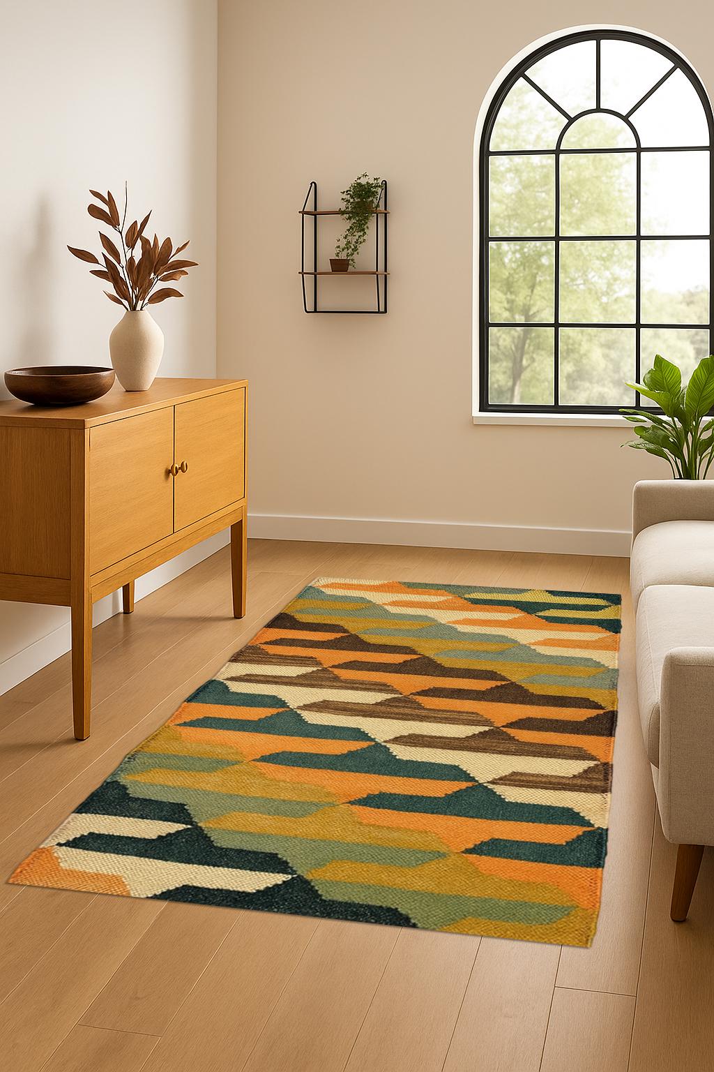 Colorful Wool Jute Kilim Rug, Handwoven Geometric Flatweave Rug, Boho Tribal Hallway Runner, Living Room Decor, Eco Friendly Handmade Rug