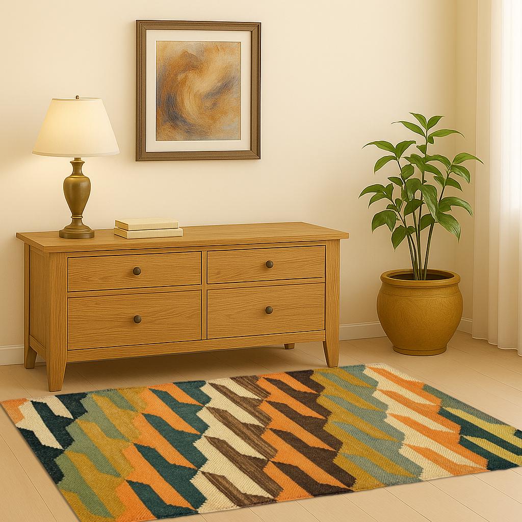 Colorful Wool Jute Kilim Rug, Handwoven Geometric Flatweave Rug, Boho Tribal Hallway Runner, Living Room Decor, Eco Friendly Handmade Rug
