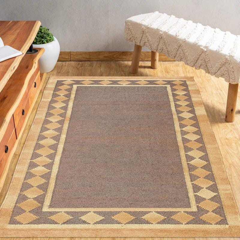 Beige and Brown Handwoven Kilim, Muted & Neutral Color Kilim | Bordered Design Kilim | Solid Flat-Weave | Navajo Decor | Vintage wool Rug