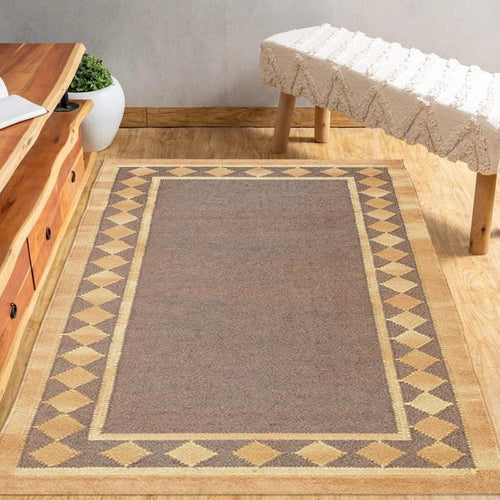 Beige and Brown Handwoven Kilim, Muted & Neutral Color Kilim | Bordered Design Kilim | Solid Flat-Weave | Navajo Decor | Vintage wool Rug