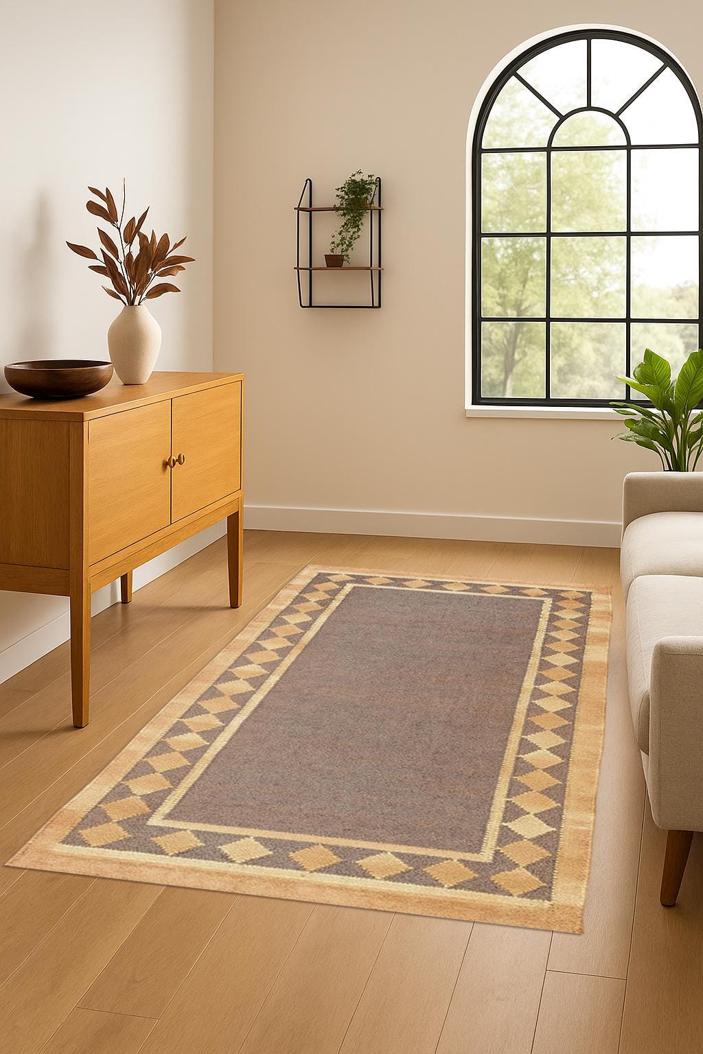 Beige and Brown Handwoven Kilim, Muted & Neutral Color Kilim | Bordered Design Kilim | Solid Flat-Weave | Navajo Decor | Vintage wool Rug