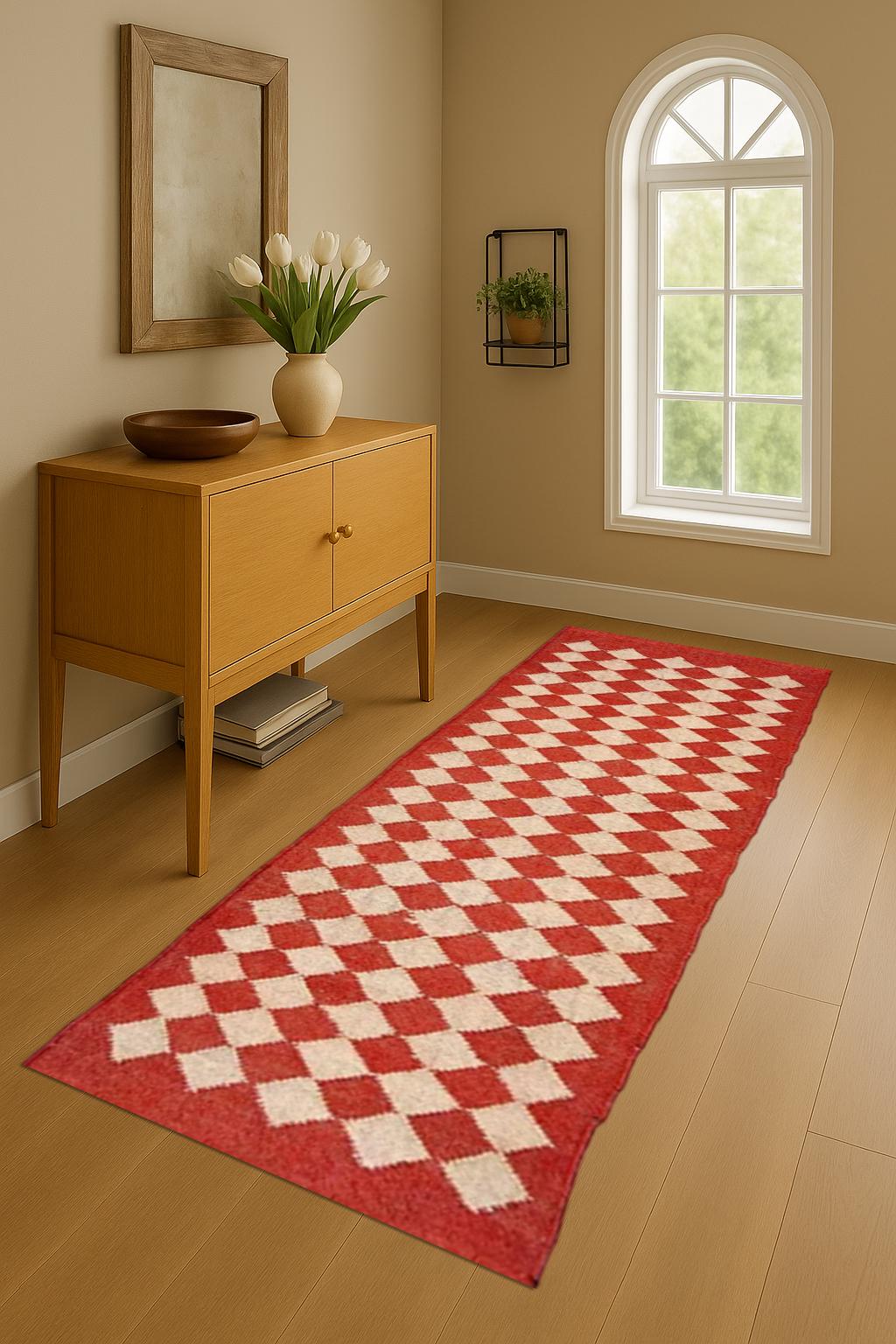 Red Geometric Hallway Runner Rug | Diamond Pattern Long Runner | Wool Jute Style Carpet | Boho Modern Entryway Rug | Custom Length