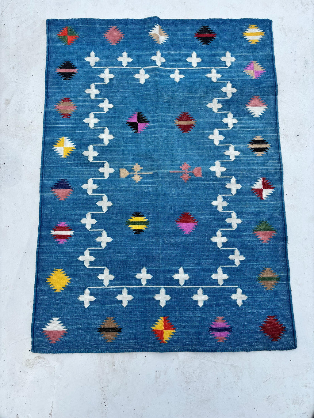 Blue and White Shooting Star Handmade Cotton Area Flat Weave Rug, Hallway Floor Rug, Cotton Rug, Cotton Blue Color Rug.