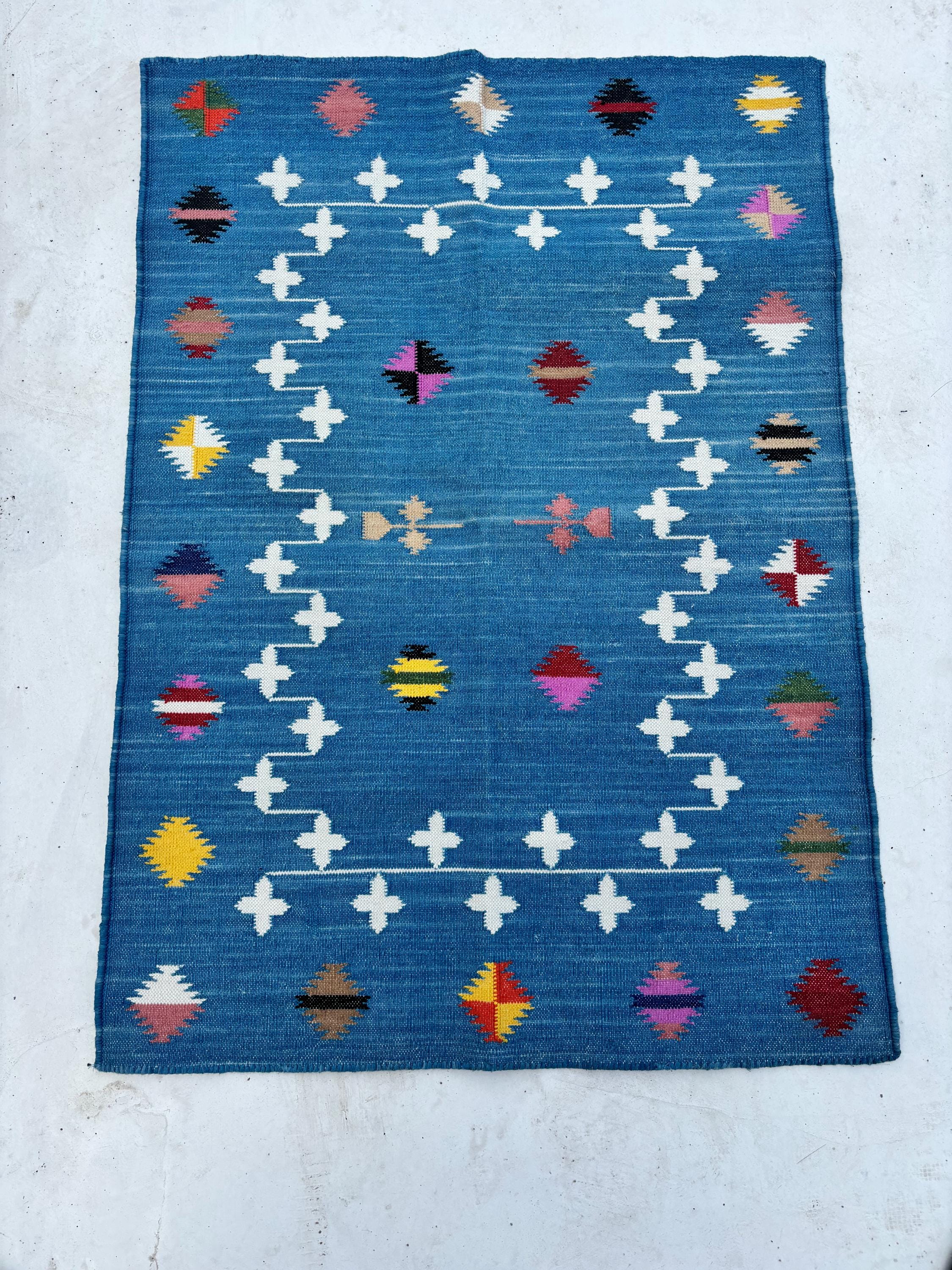 Blue and White Shooting Star Handmade Cotton Area Flat Weave Rug, Hallway Floor Rug, Cotton Rug, Cotton Blue Color Rug.