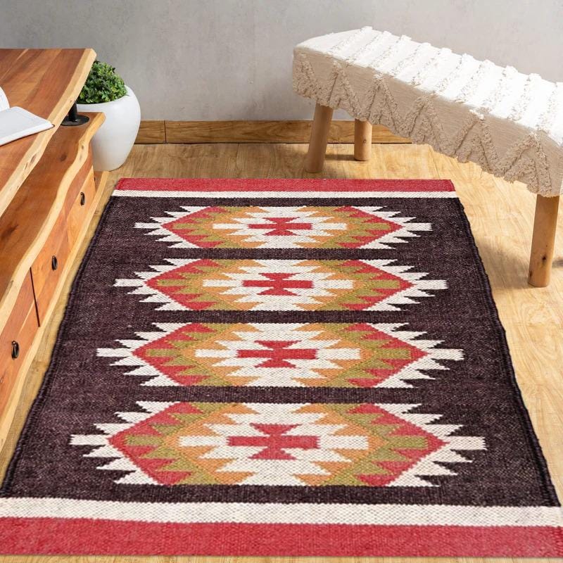 Wool and Jute Rug Handwoven, Kilim Dhurrie Rug, Custom Size Rugs, Eco-Friendly Home Decor | Custom Size 5x8 Modern Living Design