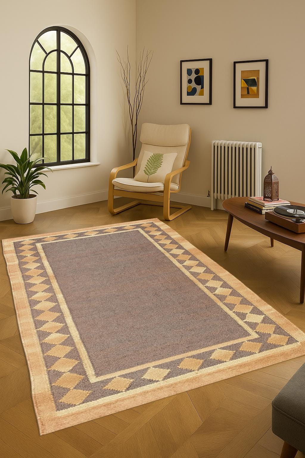 Beige and Brown Handwoven Kilim, Muted & Neutral Color Kilim | Bordered Design Kilim | Solid Flat-Weave | Navajo Decor | Vintage wool Rug