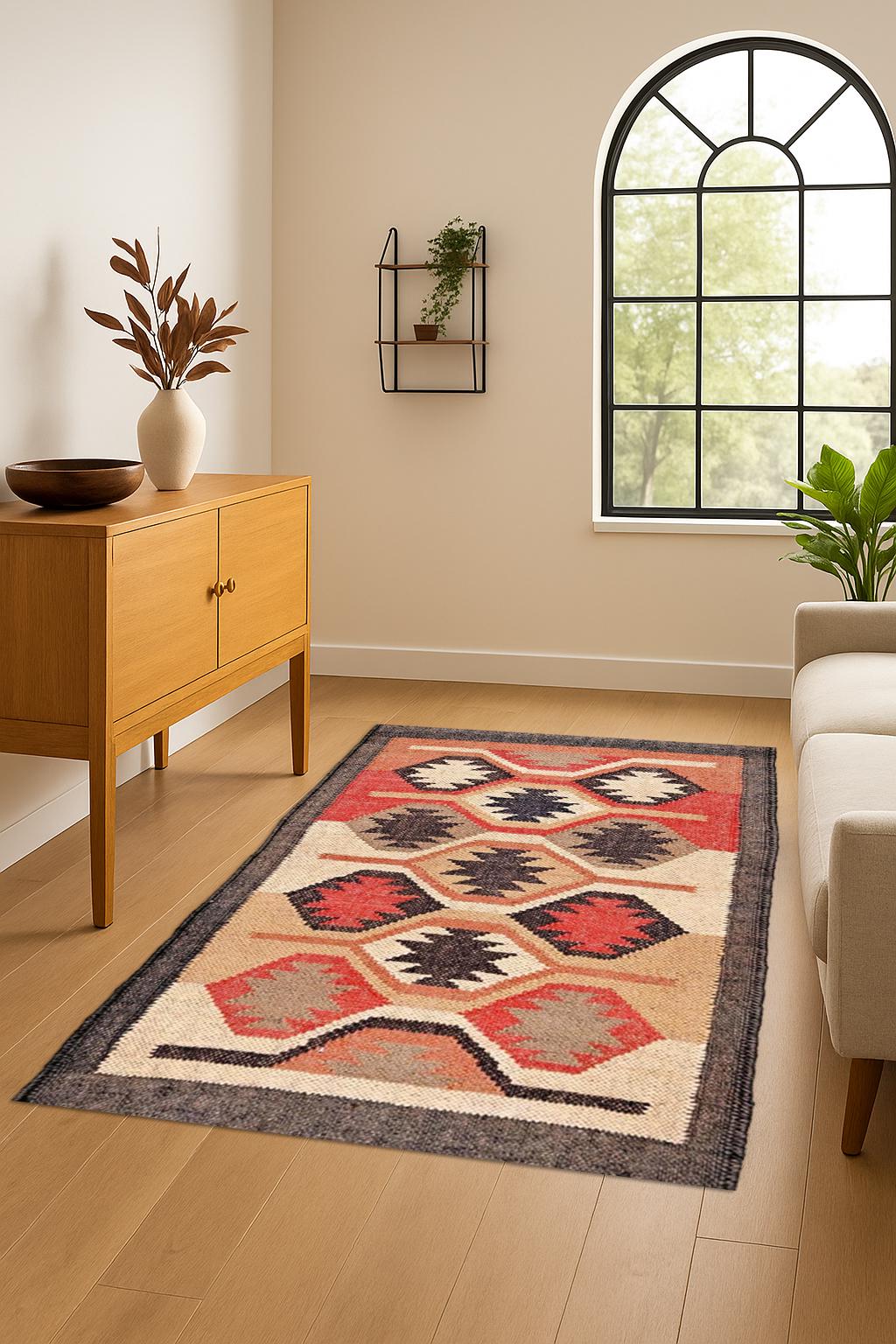 Geometric Wool Jute Rug, Tribal Boho Area Rug, Handwoven Natural Carpet, Rustic Farmhouse Decor, Ethnic Kilim Rug, Neutral Earth Tone Rug