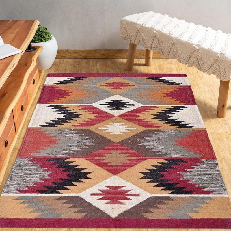 Indian Kilim rug, Handwoven Wool Jute kilim Rug, Bohemian Indian Jute Rug for home decor | Kilim Runner Rug, Handmade Kilim Motif Runner
