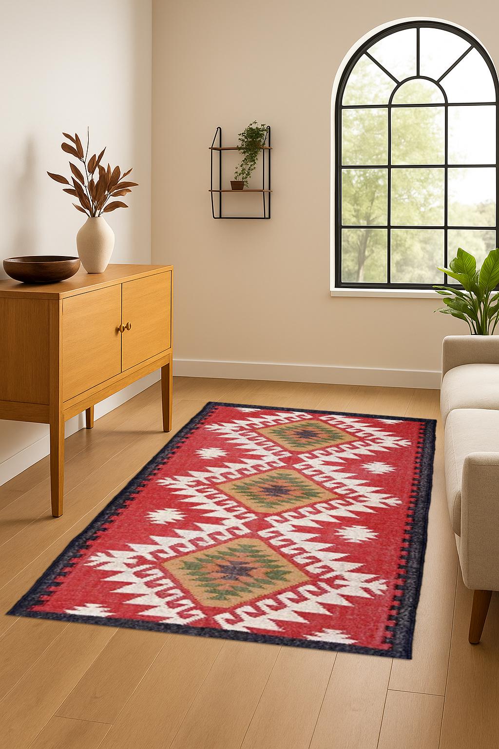 Large Kilim Rug, Handwoven, Wool and Jute Rug Handmade, Kilim Dhurrie Rug, Motifs, Oriental, Traditional Indian
