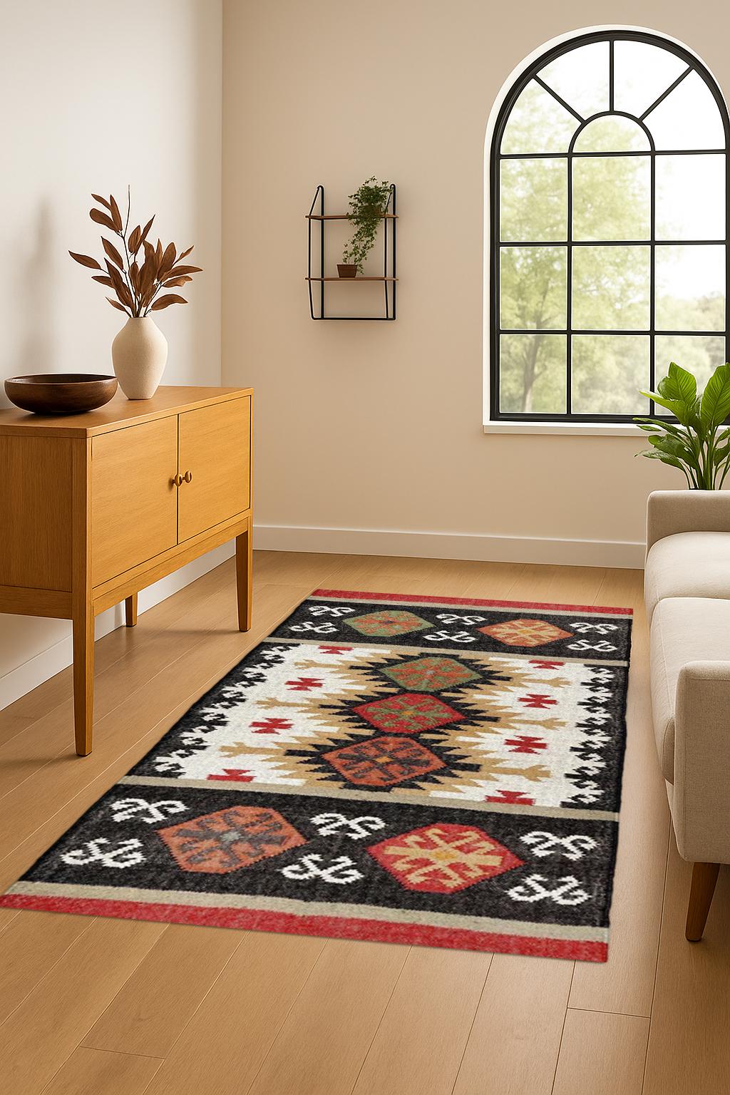 Vintage Wool Jute Kilim Rug | Turkish Kilim Rug | Jute Home Accessories | Farmhouse Rug | Boho Patterned Rug | Modern Kilim Rug