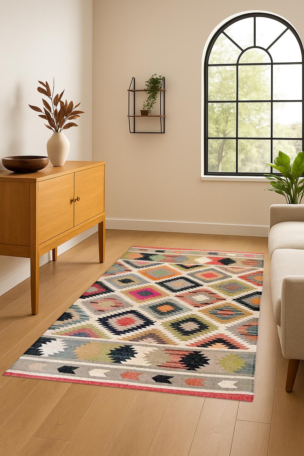 Vintage Multicolor Jute Kilim Rug | Colorful Handwoven Flat Weave | Bohemian Home Decor | Artisanal Colorful Jute Flatweave Rug