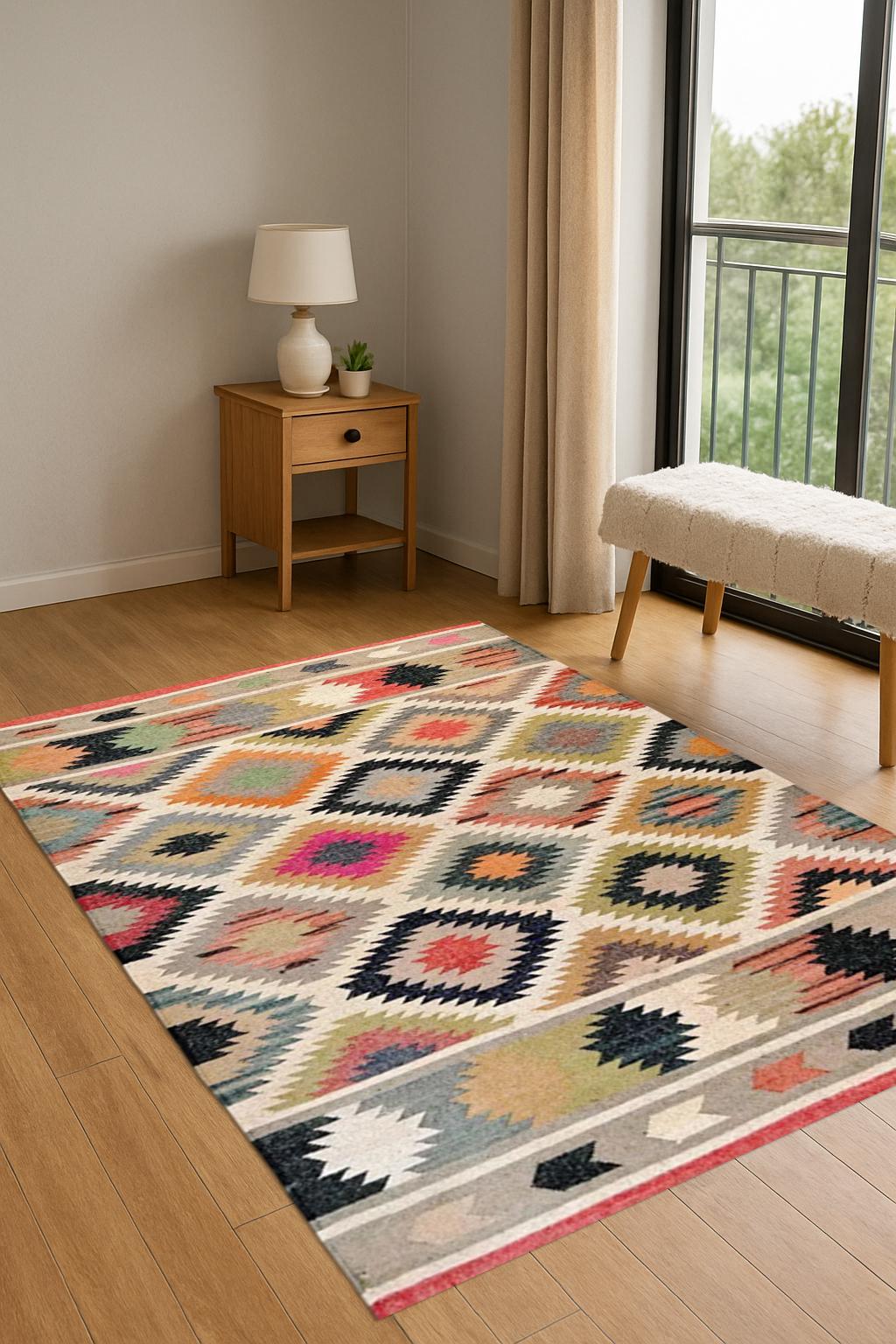 Vintage Multicolor Jute Kilim Rug | Colorful Handwoven Flat Weave | Bohemian Home Decor | Artisanal Colorful Jute Flatweave Rug